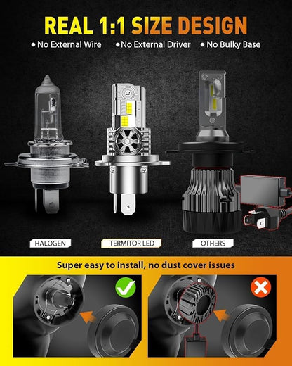 Termitor H4 9003 Fog Bulbs 80000LM for Offroad Use, Cool White, 2Pcs | True 1:1 Halogen Size, IP68 Waterproof, Long Lifespan, 3-Min Quick Install UTV ATV Off Road Car Lights
