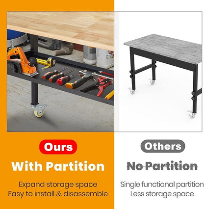 48"/60'' Adjustable Workbench, Rubber Wood Top Work Bench Heavy-Duty Work Table with Power Outlet, Wheels, Partition 2000 LBS Load Capacity Hardwood Work Benches for Garage, Workshop, Home, Office