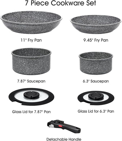 ROSSETTO 7pcs Pots and Pans Set Non Stick from France, Ceramic Cookware Set with Removable Handle, Induction RV Kitchen Cookware Set, Stackable, PFOA and PFAS Free, Oven Safe, Black Granite