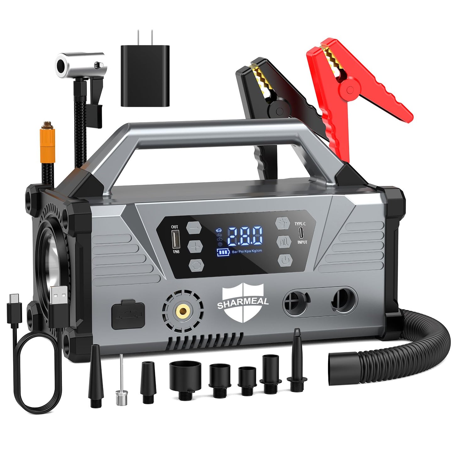 Sharmeal Jump Starter with Air Compressor,9000A Car Battery Jump Starter (All Gas/12.0L Diesel),200PSI Car Battery Jumper Starte