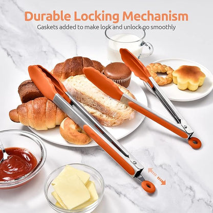 600ºF Heat Resistant Kitchen Tongs: U-Taste 9+12 inch Silicone Cooking Tong Set with Firm Sealed Non Stick Rubber Tips and Silicon Coated 18/8 Stainless Steel Handle for Serving Grilling Salad(Orange)