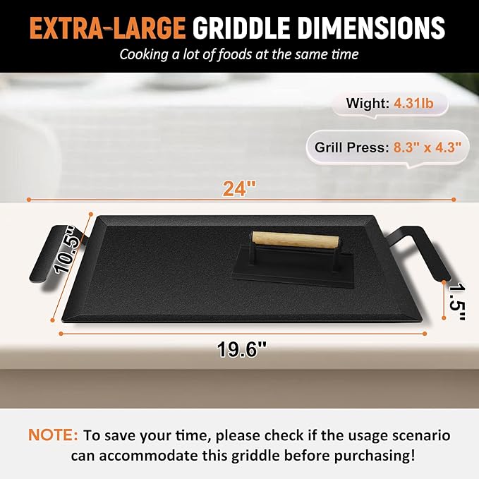 Universal Large Carbon Steel Griddle for Outdoor Gas Grill, Induction, Gas/Electric Stove, and Oven, Double Burner Griddle Comes with Grill Press, Pre-seasoned Nitride Coating Process