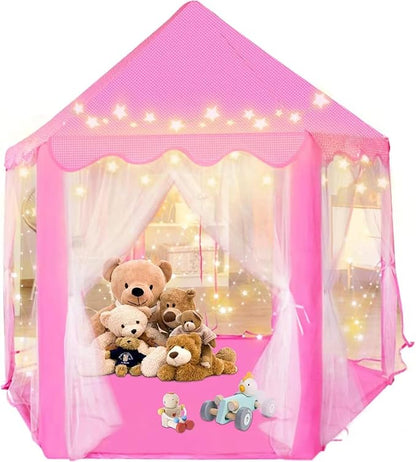 Kid's Play Tent, Ceither Princess Castle Girls Playhouse with Star Lights, 55" x 53" (L x H) Pink Princess Tent Indoor Outdoor for Imagination Interactive Play