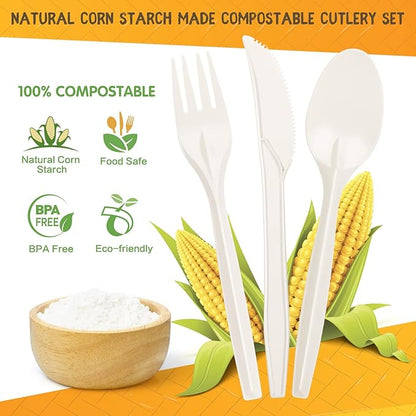 Gezond 100% Compostable Cutlery Set 150 Pack Extra Long Disposable Cutlery with 50 Forks 50 Spoons 50 Knives 7 Inch No Plastic Biodegradable Utensils for Party Wedding Camping Office Picnic