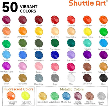 Shuttle Art Acrylic Paint, 50 Colors Acrylic Paint Set, 2oz/60ml Bottles, Rich Pigments, Water Proof, Premium for Artists, Beginners and Kids on Canvas Rocks Wood Ceramic Fabric
