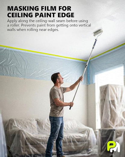 Pre-Taped Masking Film for Painting(2 Roll) - 44" x 66'Painters Plastic Sheeting with Tape and Drape, Painters Drop Cloth for Automotive & Home, Cover for Walls/Floors/Windows/Cars Protection