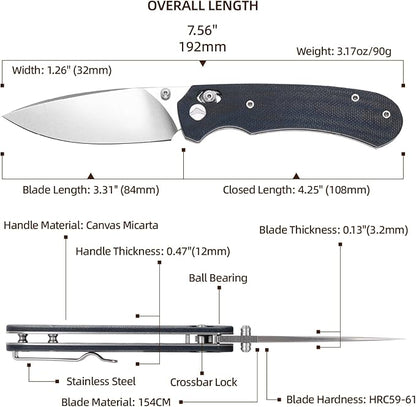 Folding Knife,Pocket Knife,3.31??154CM Blade,Erogonomic Canvas Micarta Handle,Survival Camping Knife with Pocket Clip,EDC Knife for Camping, Hunting, Hiking, Survival,Blue