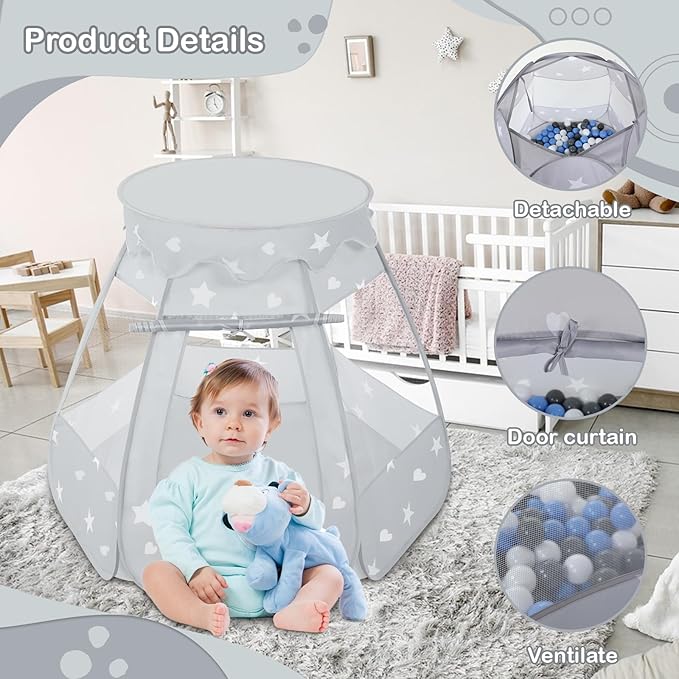 Baby Ball Pit for Toddler with 50 Balls, Kids Pop Up Play Tent for Girls, Princess Toys Gifts for Children Indoor & Outdoor Playhouse (Gray: Gray/White/Babyblue, 109x90cm/50 Balls)