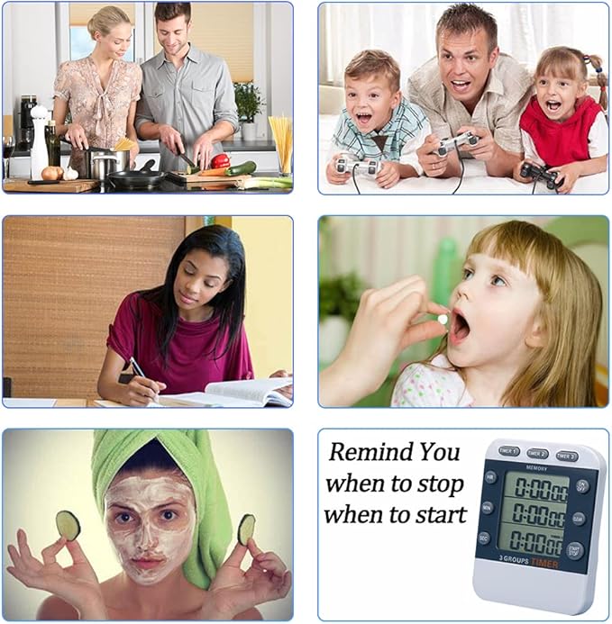Digital Dual Kitchen Timer for Cooking, 3 Channels Count Down/up Triple Multi