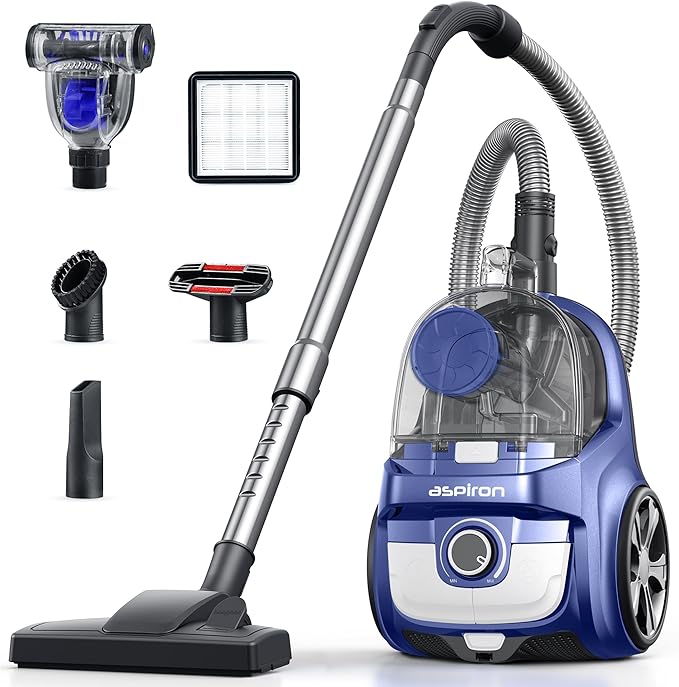 Aspiron Canister Vacuum Cleaner, 30Kpa Bagless Vacuum Cleaners, 3.7QT Large Dust Cup, Double HEPA Filter, Retractable Cord, 1600W Lightweight Vacuum Cleaner with 5 Tools for Hard Floors, Indigo