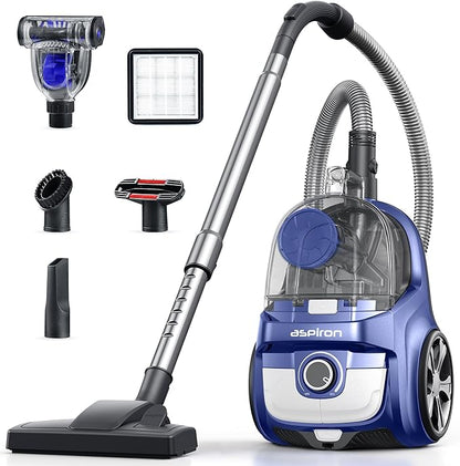 Aspiron Canister Vacuum Cleaner, 30Kpa Bagless Vacuum Cleaners, 3.7QT Large Dust Cup, Double HEPA Filter, Retractable Cord, 1600W Lightweight Vacuum Cleaner with 5 Tools for Hard Floors, Indigo