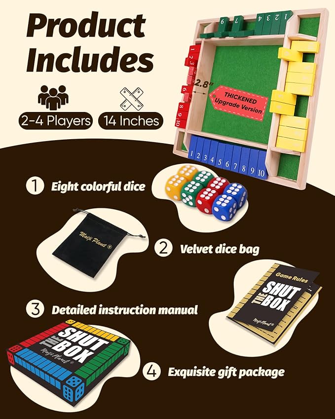 14" Deluxe Shut The Box Game, Math Dice Board Game for Family Night Classroom Travel, Wooden Table for Group Kid Adult Senior, Travel Party Bar, Easy Quick and Fun, 2-4 Players