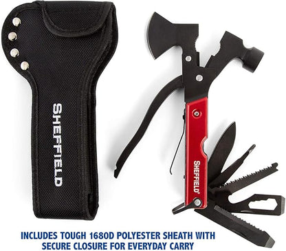 Sheffield 12138 14-in-1 Hatchet Multitool, Camping Hatchet Comes With 1680D Polyester Hatchet Sheath, Alloy Steel Camping Hammer Multitool, Great Hiking Gifts