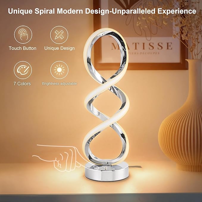 Modern Spiral RGB Table Lamp, Touch Dimmable Bedside Lamp, 7 Colors 10 Light