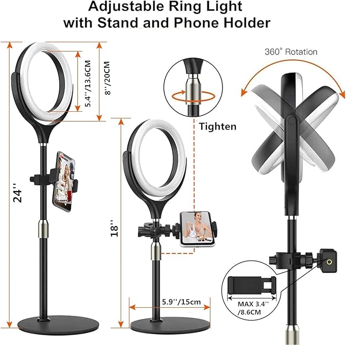 8 inch Desk Ring Light with Stand, Adjustable Computer Circle Light