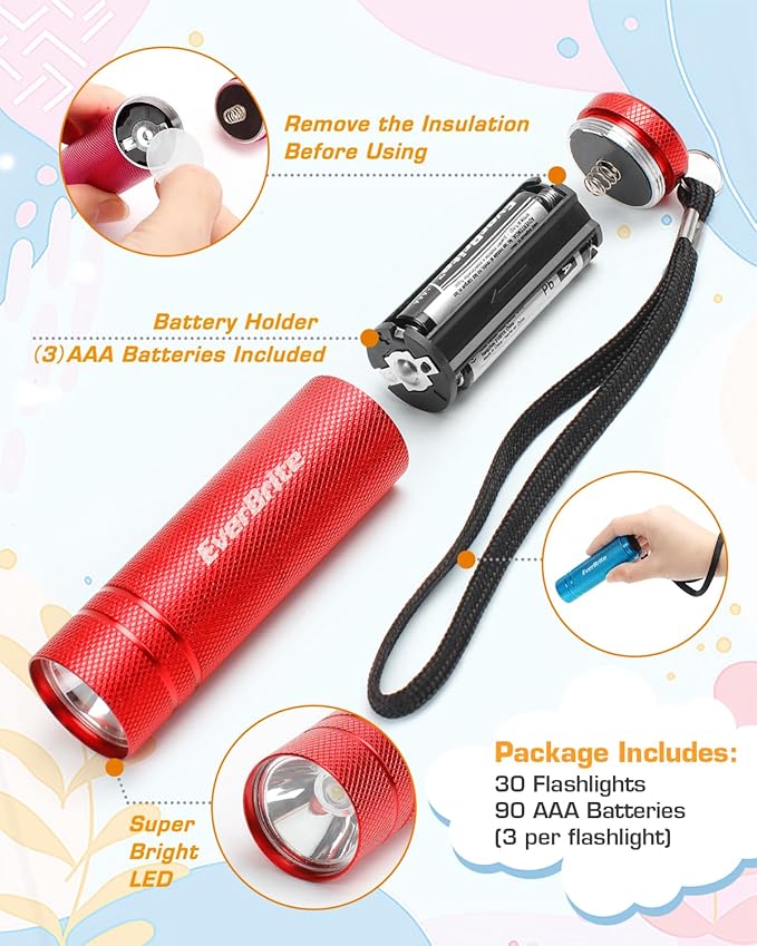 EverBrite 30-Pack Mini Flashlight Set, Aluminum LED Handheld Torches with Lanyard, Assorted Colors, Batteries Included for Party Favors, Night Reading, Camping, Power Outage, Gift to Christmas