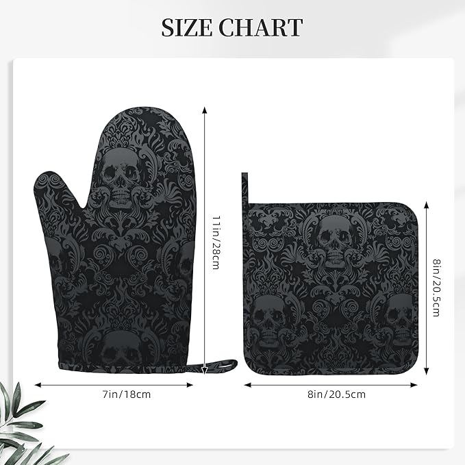 Gothic Skull Oven Mitts and Pot Holders Sets of 4, Resistant Hot Pads