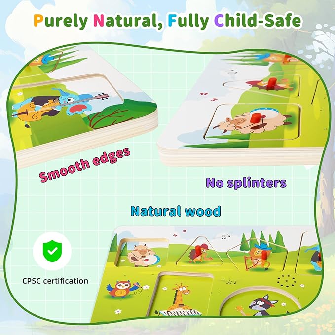 Wooden Sound Puzzle for Toddlers 1-5 Years– 6 Farm Animals & Songs Learning Toy, Educational Interactive Music Pegged Puzzles for Fine Motor Skills