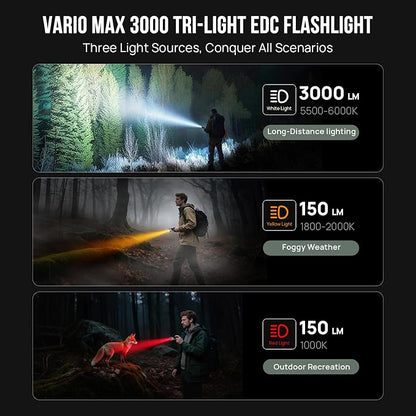 SCOUTLITE Vario MAX 3000 Handheld Flashlight, Rechargeable LED Pocket Light with White, Red and Amber Lights, Waterproof IPX6 Tactical Flat for Camping, Outdoor & Emergency Working