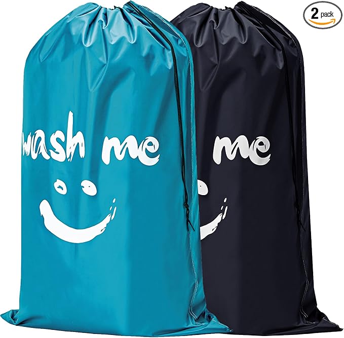 HOMEST 2 Pack XL Laundry Bags 28" x 40", Extra Large Dirty Clothes Organizer Holds 3-4 Loads, Machine Washable Drawstring Laundry Bag for Dorm, Camp, Laundromat, Family, Black and Sky Blue