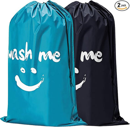 HOMEST 2 Pack XL Laundry Bags 28" x 40", Extra Large Dirty Clothes Organizer Holds 3-4 Loads, Machine Washable Drawstring Laundry Bag for Dorm, Camp, Laundromat, Family, Black and Sky Blue