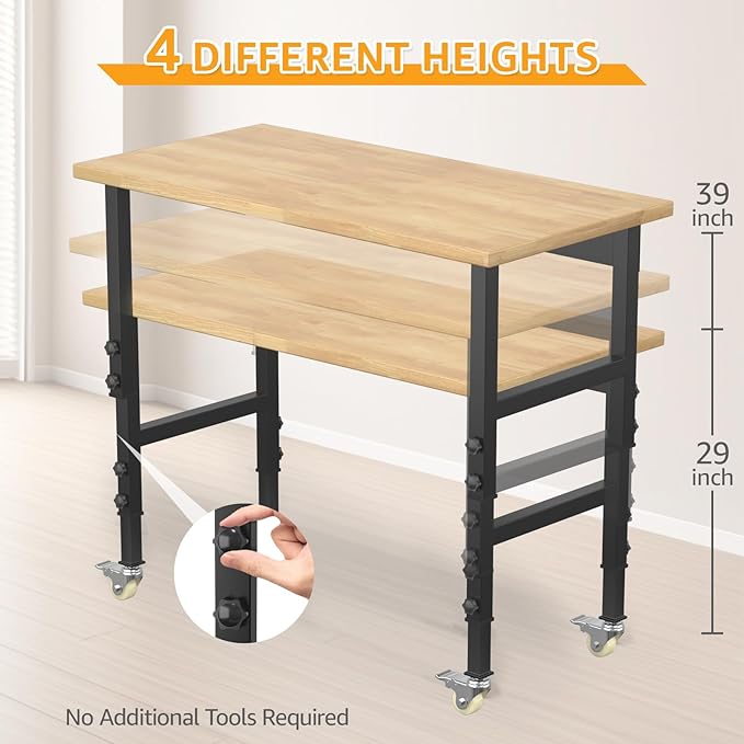 48" Adjustable Workbench,Heavy-Duty Work Table,3000 LBS Load Capacity Hardwood Workstation with Wheels,for Workshop, Garage