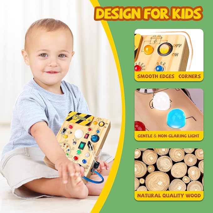 Busy Board, Montessori Toy for 1-3 Years Old, Wooden Toddler Sensory Travel Toy, Ideal Gift for 1+ Year Old Boys (Busy Board Plus V2), Medium, Yellow