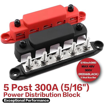 Tuijodaix 300A Bus Bar 5 Post 12V-48V DC Power Distribution Block, 5 * 5/16"