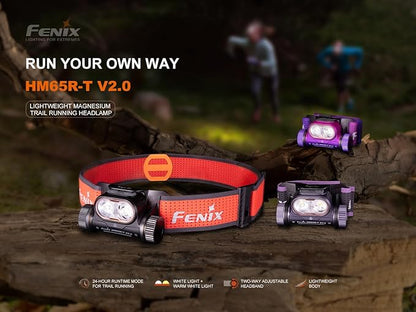 Fenix HM65R-T V2.0 Running Headlamp, 1600 Lumen White Light and Warm White Dual Beams, USB-C Rechargeable, Lightweight Long Runtime for Trail Running, with Organizer (Dark Purple)
