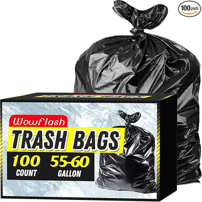 100 Count 55-60 Gallon Trash Bags, Sturdy & Tear-Resistant Commercial Can Liners 55 Gallon, Large Garbage Bags, Large Black Trash Bags for Commercial, Lawn and Leaf Bags