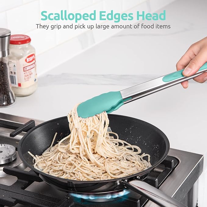 600ºF Heat Resistant Kitchen Tongs: U-Taste 12 in Large Silicone Cooking Tong with Sturdy Non Stick Rubber Tips & Silicon Coated 18/8 Stainless Steel Handle & Smooth Locking for Serving Grill-Aqua Sky