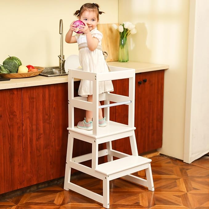 Kids Kitchen Step Stool with Safety Rail,Wooden Toddler Standing Tower for Kitchen Counter, Kids Montessori Stool, Solid Wood Construction,White