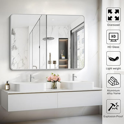 48x36 Inch Silver Bathroom Mirror, Large Rectangular Vanity Mirror, Metal