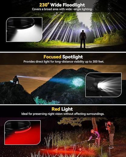 Headlamps Rechargeable with Red Light 2 Pack, 230° Wide Beam Running LED Head Lamp for Adults, Headlights for Head with Motion Sensor, Hard Hat Light Flashlight for Runners, Camping, Hiking, Fishing