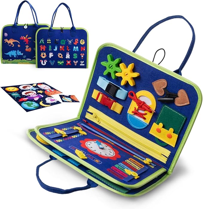 Busy Board Montessori Sensory Toy Travel Educational Book Kids 2 3 4 Years Toddler Fine Motor Skills Preschool Activities Clock Buckle Zipper Buttons Learning Gift Portable Carry Case