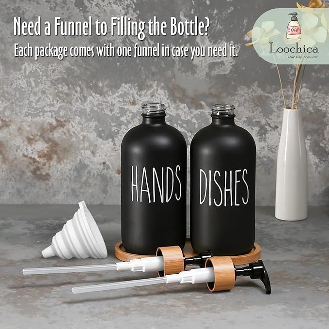 LOOCHICA 2 Pack Black Glass Soap Dispenser Set