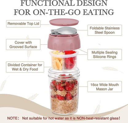SOLIGT 2 Pack Overnight Oats Containers with Lids, Folding Spoons and Divided Compartments for Fruit & Nuts, Small Glass 16oz Mason Jars for Oatmeal Yogurt Parfait