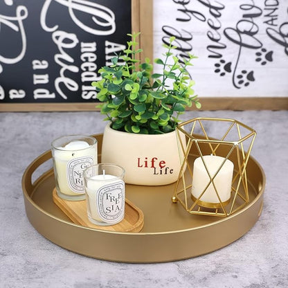 Round Gold Decorative Serving Tray with Handles, 13” Versatile Ottoman Tray for Coffee Table, Entertaining, Outdoor Patio, Living Room