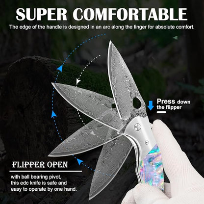 Cottonbell Damascus Pocket Knife Unique Rainbow Abalone Shell Handle Damascus Folding Knife, with Sharp VG10 Core Damascus Steel Knife for Outdoor Camping Fishing Hiking Hunting Gift