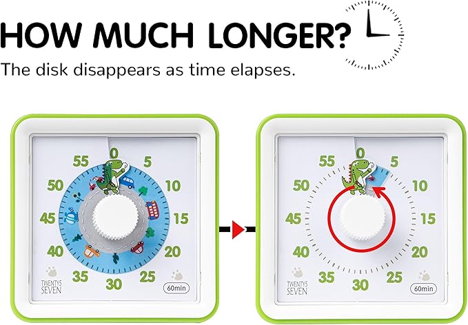 Visual Timer with Protective Case, 60-Minute Countdown Timer for Kids Autism ADHD Classroom Home Office with, Countdown Clock for Teaching Work Meeting Time Managemen with Green Dinosaur Pattern
