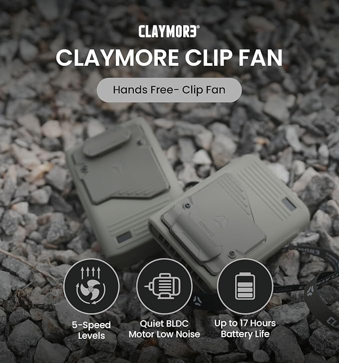 Claymore Clip Fan Khaki ??Portable Rechargeable Neck Waist Wearable Fan with 5200mAh Battery, 5-Speed Quiet BLDC Motor, Hands-Free Neck Strap Design, USB-C Charging Camping, Hiking, Outdoor Use