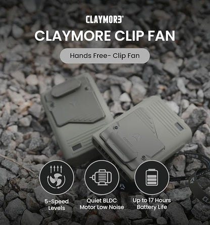 Claymore Clip Fan Khaki ??Portable Rechargeable Neck Waist Wearable Fan with 5200mAh Battery, 5-Speed Quiet BLDC Motor, Hands-Free Neck Strap Design, USB-C Charging Camping, Hiking, Outdoor Use