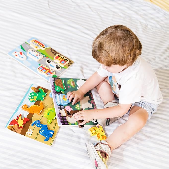 Wooden Chunky Puzzles Set - Dinosaurs, Vehicles and Pets Animals Wooden Puzzles Preschool Early Learning Toy Gift for Kids Toddlers 1-3