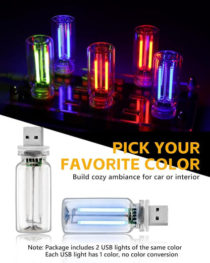 2PCS USB Lights for Car, Touch Adjustment Lights, Plug in USB Vehicle Interior Ambient Light, Mini LED Retro Bulb Glass Bottle Night Light for Camping, Holiday Decoration, Party, Bedroom (Blue)