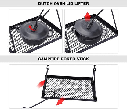 REDCAMP Swing Campfire Grill Stand - Collapsible Campfire Cooking Rack with 6 Hooks & Iron Grill Grate, Portable Dutch Oven Hanger for Outdoor Camping, Cookware, Bonfire, Rectangle