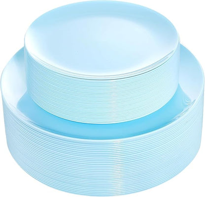 KIRE 60PCS Blue Plastic Plates Disposable - Heavy Duty Light Blue Plates Include 30Pcs 10.25” Dinner Plates and 30Pcs 7.5” for Dessert/Salad in Baby Shower/Picnic