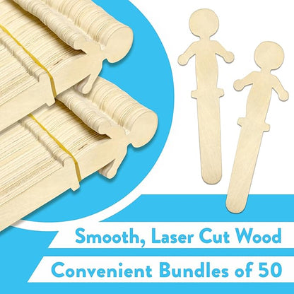 50 Pack People Shaped Wooden Craft Sticks, 5.25" Person Shape Wood Popsicle Sticks, Unisex Student Classroom Crafts DIY Sticks