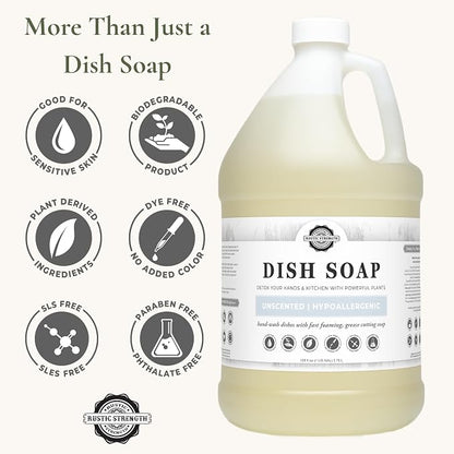 Rustic Strength Unscented Dish Soap, Gallon Plastic | High-Lathering, Concentrated,Plant-Based Formula,No Added Fragrance
