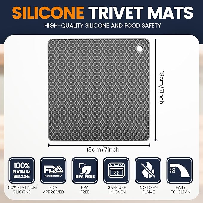 Silicone Trivet Mats 4 Heat Resistant Pot Holders Multipurpose Non-Slip Hot Pads for Kitchen Potholders, Drying mat, Jar Opener, Spoon Holder, Coaster.(Grey)