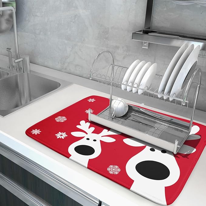 Christmas Dish Drying Mat for Kitchen Counter Cute Reindeer Winter Microfiber